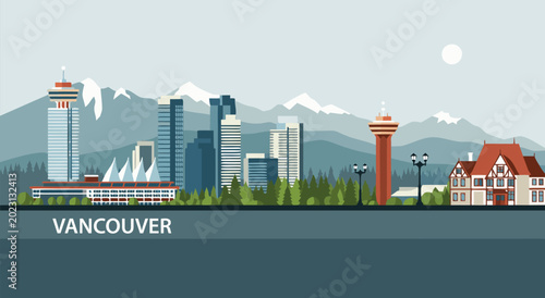 Foto Vancouver cityscape illustration vector with mountains and iconic buildings