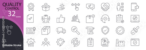 Foto Quality control icons set representing inspection, standards, testing, monitoring, assurance, compliance, production quality and performance evaluation