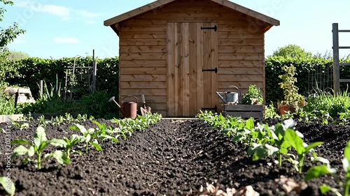 Garden shed small wooden hut beside vegetable seedling rows, rustic plank door, watering cans, dark soil beds, sunny allotment view, cozy backyard farming storage with natural spring garden ambience