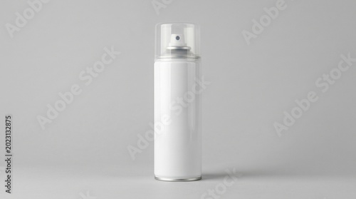 Blank Glossy white Aluminum Aerosol Spray Can with Clear Plastic Cap Isolated on Neutral Grey Background for Product Mockup and Packaging Design