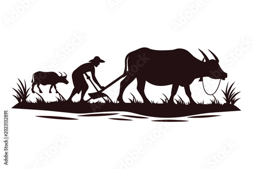 Foto a black silhouette of a farmer plowing a field wit (8)