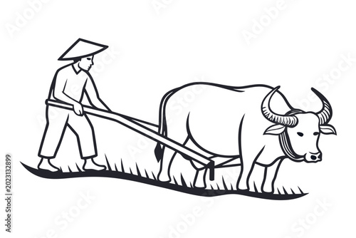 Принти на полотні a black silhouette of a farmer plowing a field wit (7)