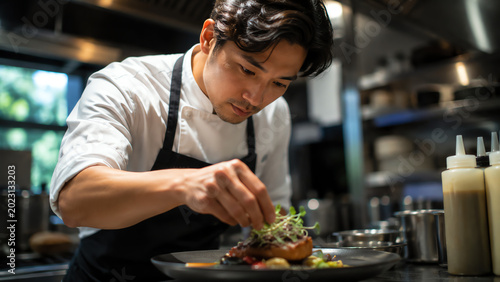 A chef meticulously garnishing a beautifully plated dish in a modern kitchen environment, showcasing culinary artistry and precision.