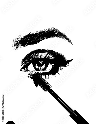 Black and White Ink Illustration of Applying Mascara to Eye