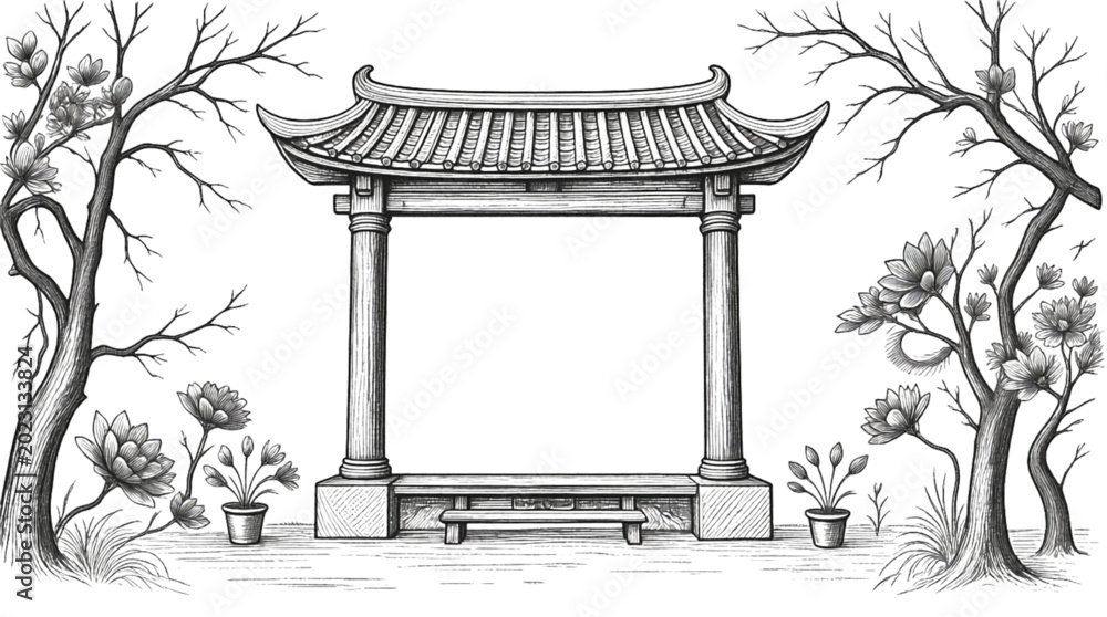 Fototapeta premium Decorative Asian Style Pavilion Framed by Blooming Trees and Garden Foliage