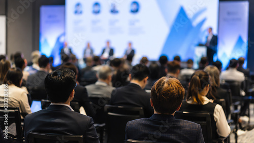 A professional audience engaged in a conference, showcasing networking and collaboration in a modern business environment.