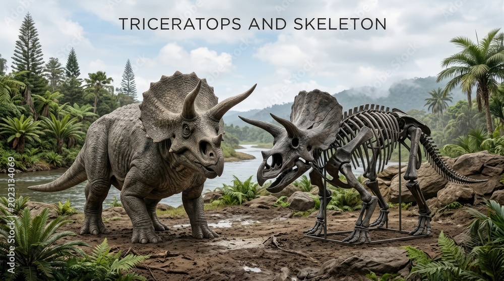 Fototapeta premium Realistic Triceratops Facing Fossil Skeleton in Lush Prehistoric River Landscape