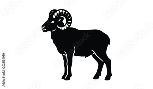 Schilderij op canvas Black silhouette of a ram with large curved horns standing in profile silhouette