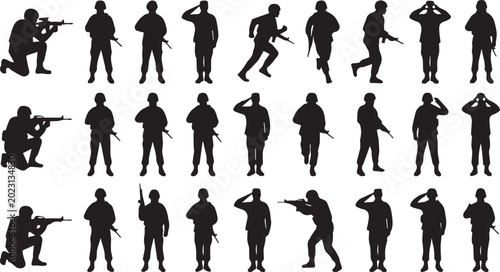 Tableau sur toile Soldier Silhouette Set: Military Personnel, Combat Poses, and Saluting Officers
