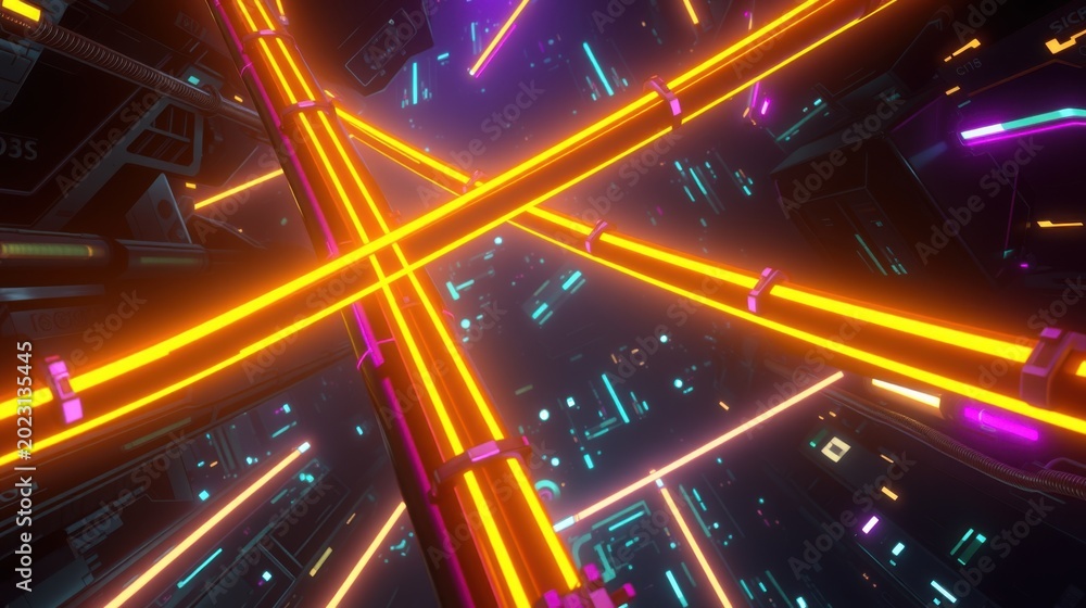 Fototapeta premium Neon lights form futuristic tunnel. Bright orange, purple hues dominate dark space. Geometric shapes create immersive visual experience.