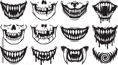 Bild auf Leinwand Scary Monster and Skull Mouth Silhouette Set for Halloween