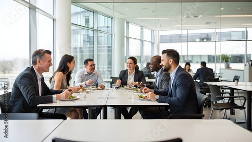 Business Professionals Enjoying Healthy Lunch and Conversation in Modern Office Cafeteria