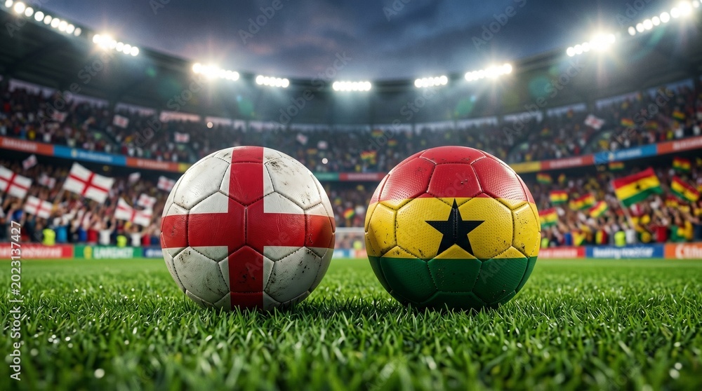 Fototapeta premium Two Soccer Balls with England and Ghana Flags on Stadium Pitch Before an International Football Match