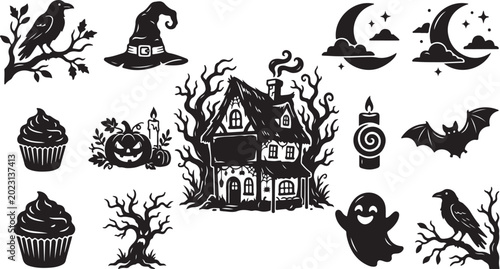 Halloween icons and symbols in black and white