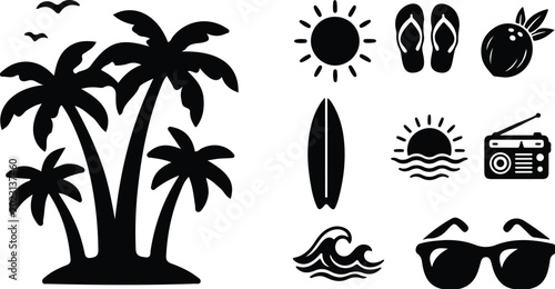Summer Vacation Icons and Palm Trees Silhouette Graphic