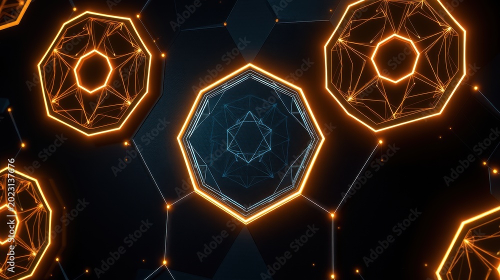 Fototapeta premium Abstract geometric shapes glow brightly against dark background. Lines connect octagons creating futuristic tunnel effect.