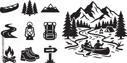 Camping and hiking icons in black and white
