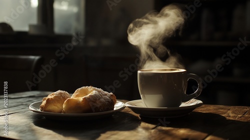 Steaming coffee, pastries, rustic kitchen, sunlight