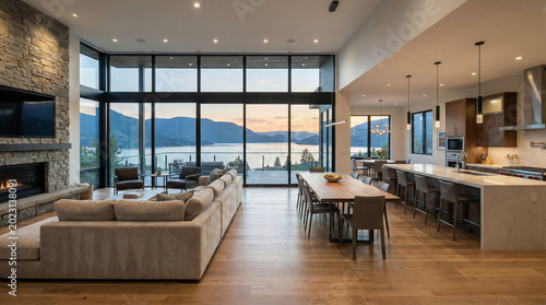 Beautiful living room interior in new luxury home with open kitchen