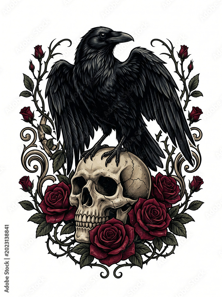 Fototapeta premium A crow perches on a skull and a rose