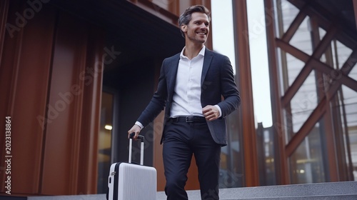 Confident businessman walking, city building background, travel