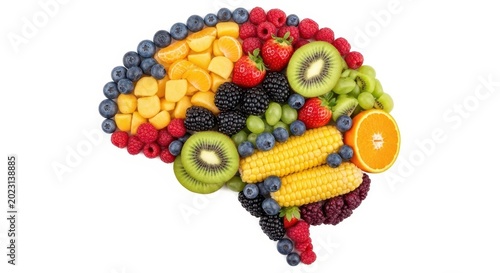 Brain made of colorful fruits and vegetables on white