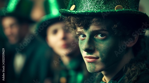 Teen leprechaun parade portrait, green makeup, festival