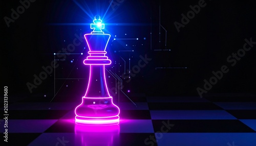 Neon chess king glowing on futuristic digital chessboard
