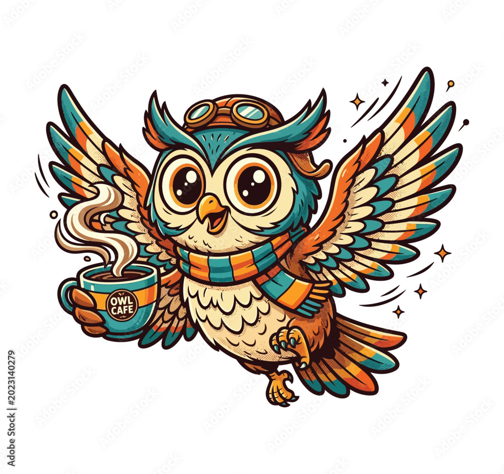 Naklejka premium Cute owl cartoon character holding a hot cup of coffee with wings spread wide