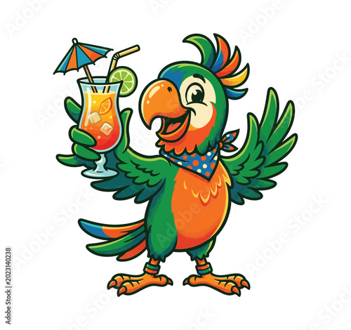 Happy parrot bird character holding a refreshing tropical cocktail drink