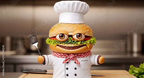 A whimsical burger character dressed as a chef, holding a spatula, posing with a kitchen background