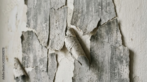 A close-up view of a wall with peeling paint in a deteriorated condition indoors.
