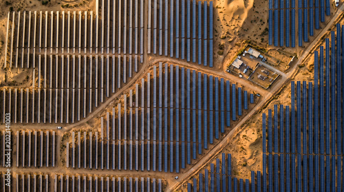 Aerial View of Solar Power Plant in Desert for Renewable Energy