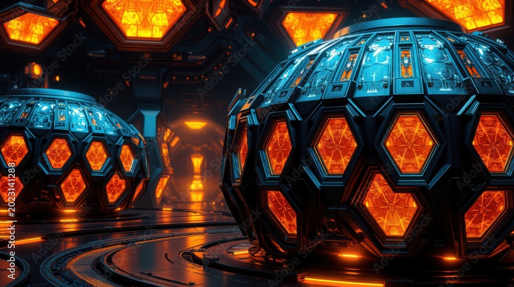 Fototapeta premium Futuristic interior features glowing hexagonal structures. Dark tones dominate with vibrant orange illumination creating dramatic effect. Complex design.