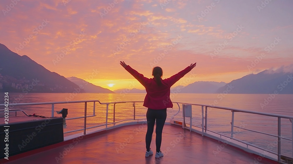 Fototapeta premium Woman enjoys sunrise, lake boat, mountains