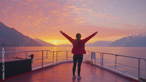 Woman enjoys sunrise, lake boat, mountains