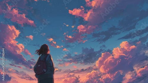 Anime girl gazing at cloudy sunset sky, colorful dreamy atmosphere, manga lofi style, seamless vertical wallpaper background