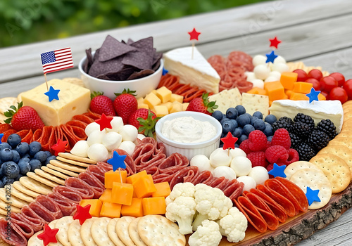 Festive fourth of july charcuterie board with cheeses fruits and crackers for a celebration