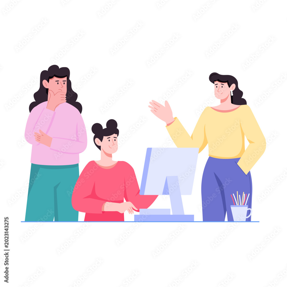 Obraz premium Flat illustration of team members discussing project tasks.