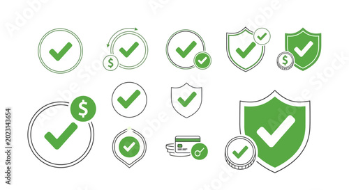 Green Checkmark Icons: Security, Approval, Payment, Success, and Verification Symbols