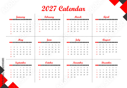 Casual 2027 Calendar Template in Red Color
