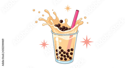 Fun cartoon illustration of a cup of bubble tea with a large splash, pink straw, and dark tapioca pearls flying in the air.