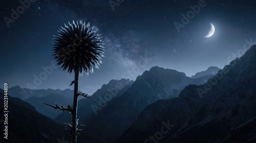 A dark thistle silhouette stands alone against a majestic mountain range under a crescent moonlit night sky with stars.