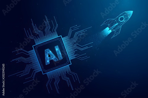 Artificial Intelligence Advancement Futuristic AI Chip Powering Rocket Launch Progress