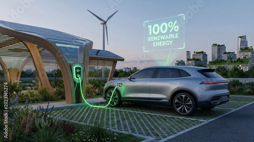 Electric vehicle plugged into a charging station with glowing green lights and sustainable energy concept