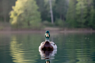 Realistic wildlife photograph of a mallard duck floating calmly on a reflective lake surrounded by soft forest background and natural evening light.