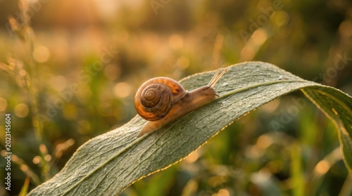 A snail slowly moves across a large green leaf in a sunny natural outdoor setting