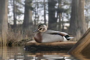 Realistic wildlife photograph of a duck resting on a rock in calm wetland water with soft forest background and natural outdoor lighting.