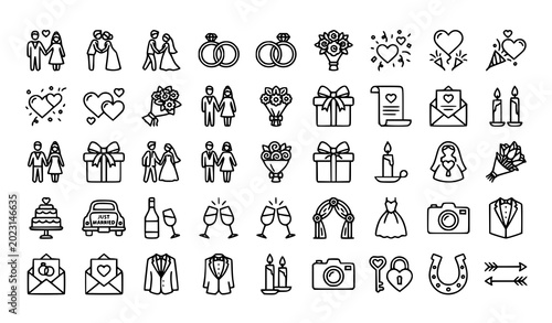 Obraz na płótnie Big collection of wedding celebration, love romance, and marriage ceremony outline icons