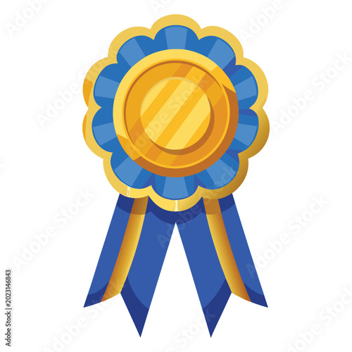 golden award badge with blue ribbon isolated on white background vector illustration